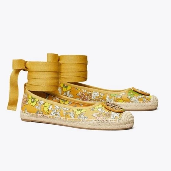 Tory Burch Minnie Rust Wallpaper Floral Leather Ballet Ankle Tie Espadrille Flat - Picture 4 of 6